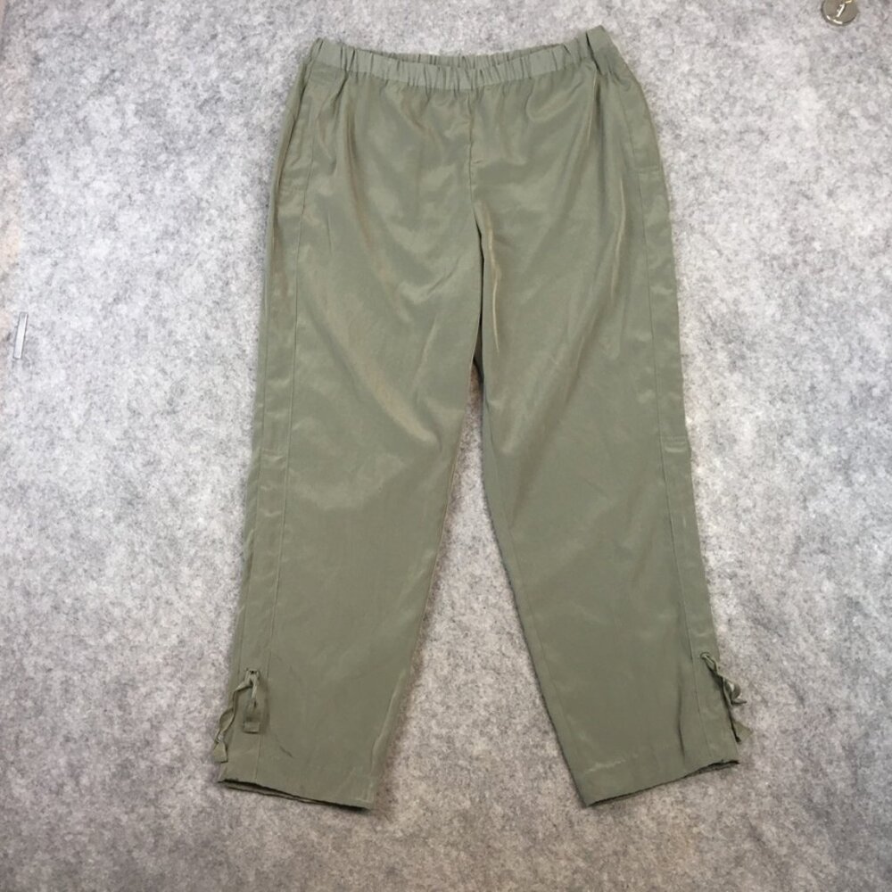 Chicos Pants 1 M 8 Mid Rise Straight Tie Ankle Army Green Satin Sheen Career